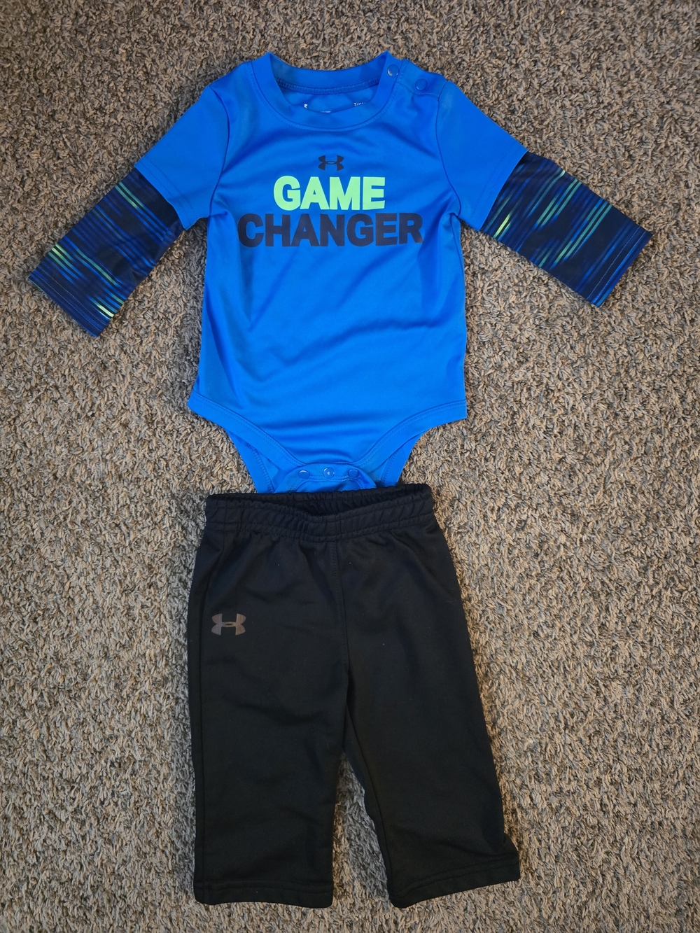 3-6M Under Armour Blue 'Game Changer' Bodysuit with Black Pants Outfit